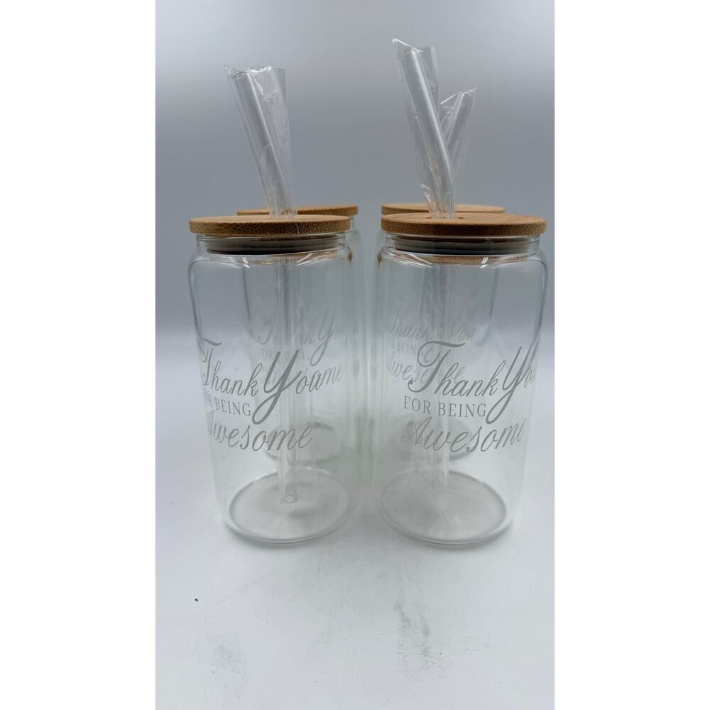 Set of 4 Can Glass with Bamboo Lid and Bend Straw, Iced Coffee Glass Cup w Lid
